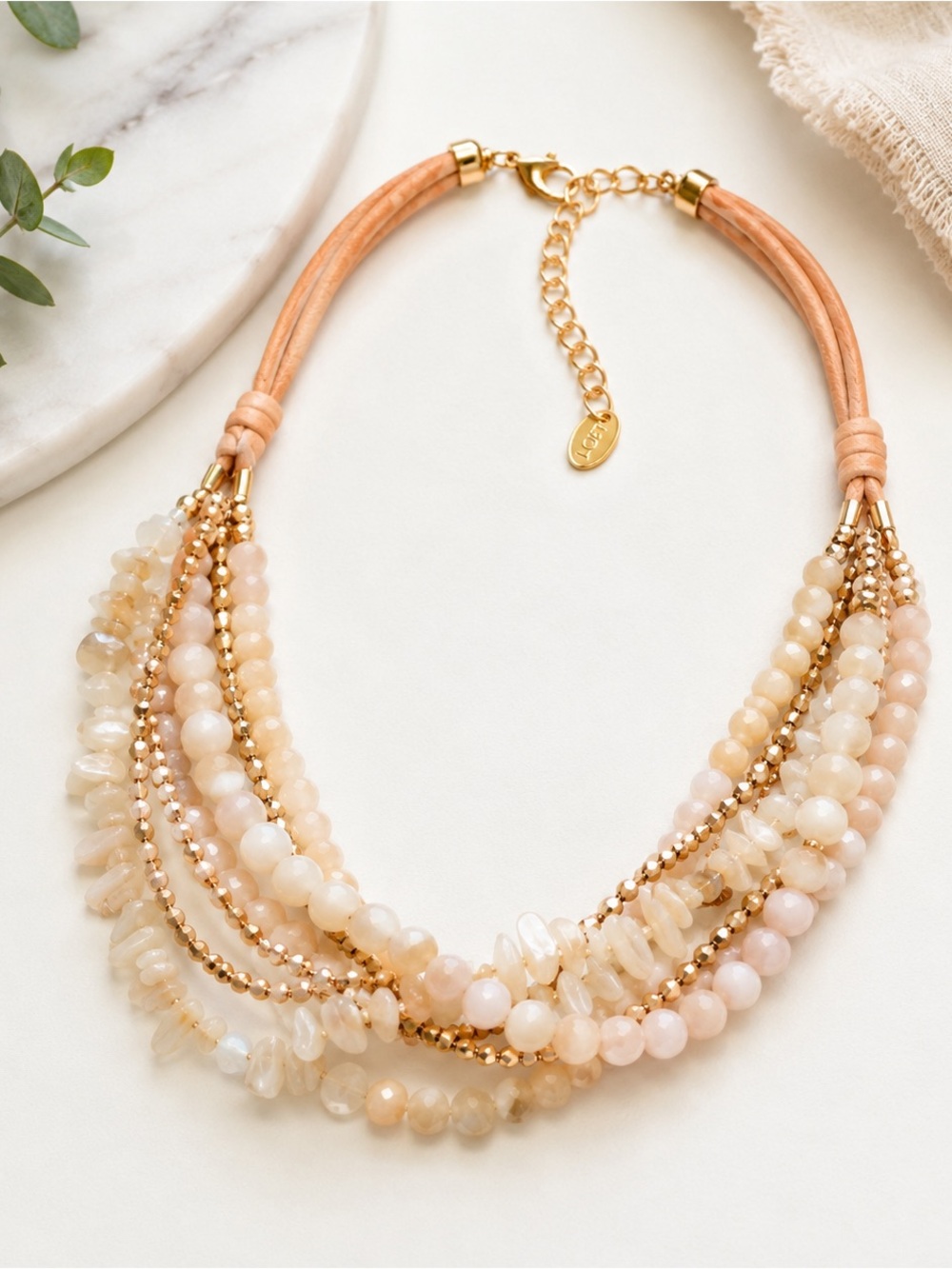 LOFT Multi Strand Beaded Statement Necklace Peach Leather Cord Neutral Boho